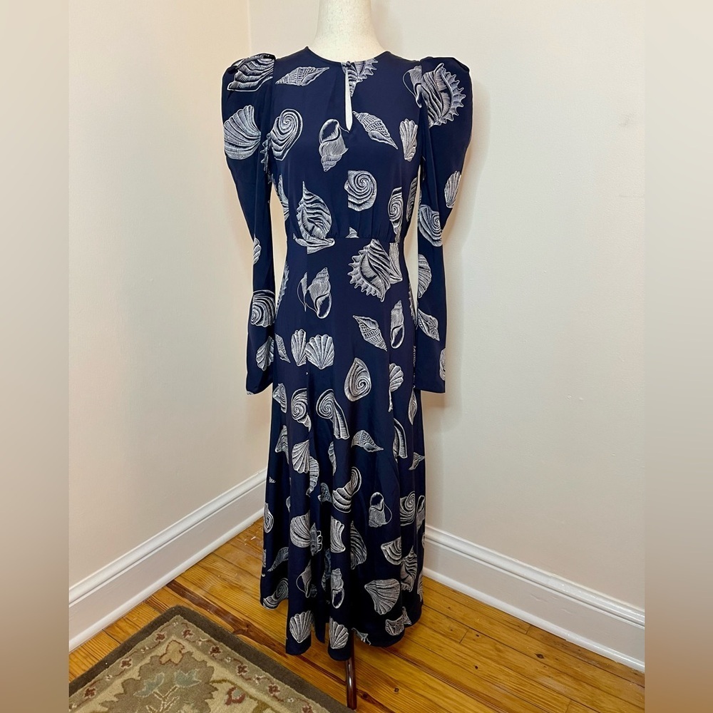 Vineyard Vines Silk Midi Dress Tossed Shell Print Puff Sleeve Size 2 NWT